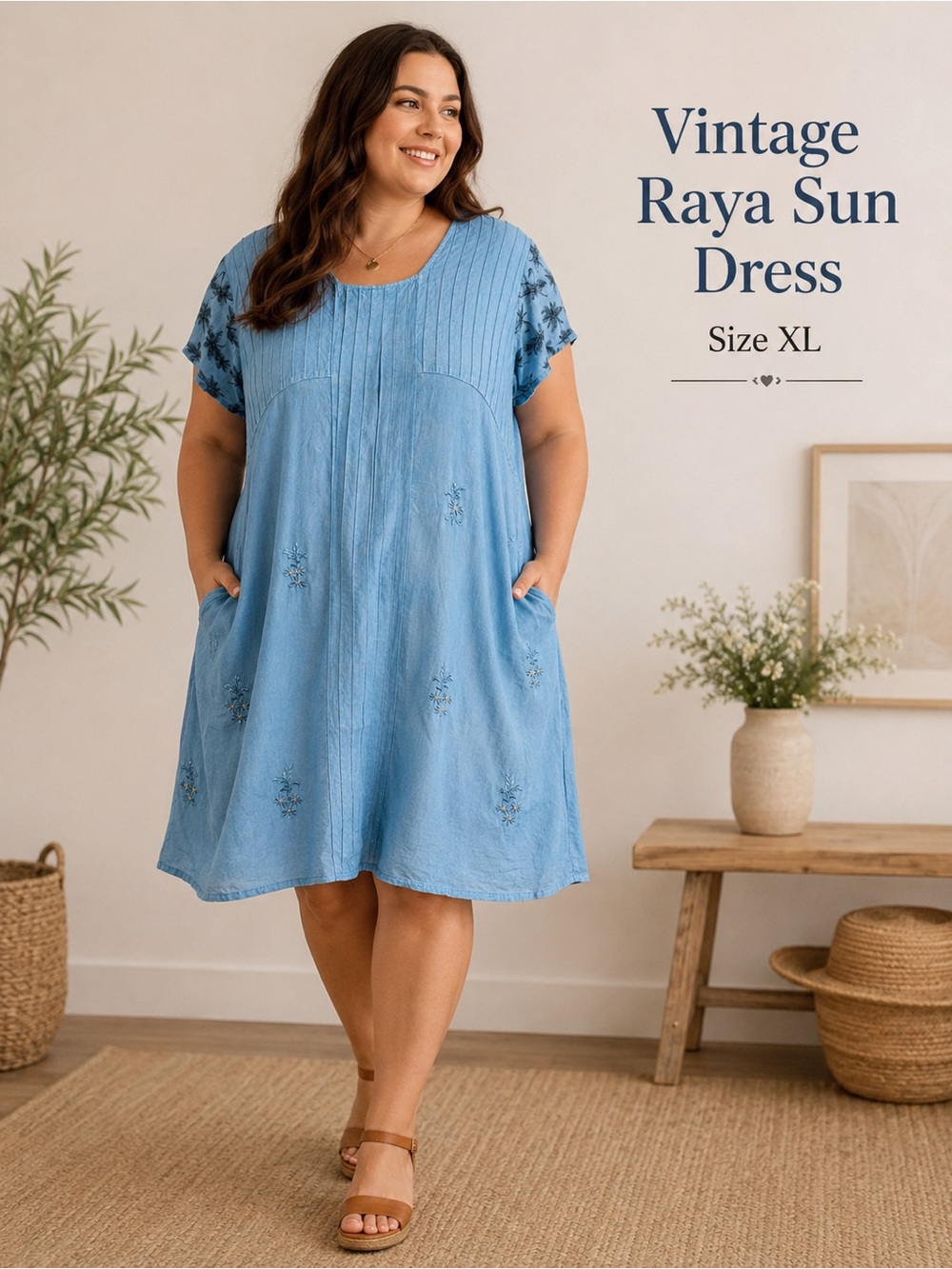 Vintage Raya Sun Embroidered Dress XL Blue Cottagecore Lagenlook Boho